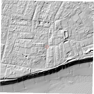 Shaded relief map of the ground around PO211UQ, computed from Environment Agency LiDAR. The ground here sits at about 6 m above sea level and falls 10 m across the surrounding 800 m. Surface water reaching this point runs off ground lying to the north-north-west, 2.3 m higher.