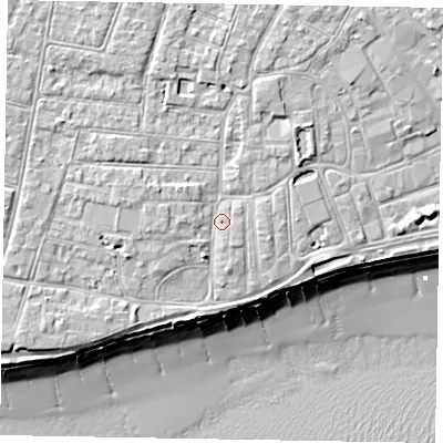 Shaded relief map of the ground around PO211XA, computed from Environment Agency LiDAR. The ground here sits at about 6 m above sea level and falls 10 m across the surrounding 800 m. Surface water reaching this point runs off ground lying to the north, 2.3 m higher.