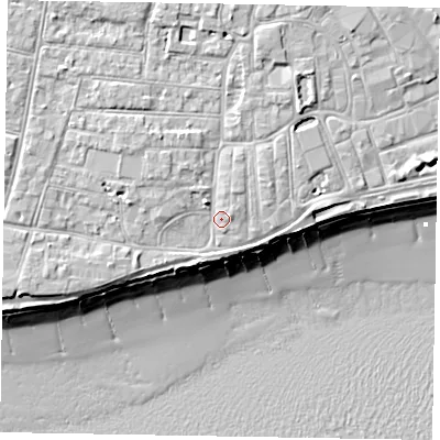 Shaded relief map of the ground around PO211XB, computed from Environment Agency LiDAR. The ground here sits at about 6 m above sea level and falls 10 m across the surrounding 800 m. Surface water reaching this point runs off ground lying to the north, 2.8 m higher.