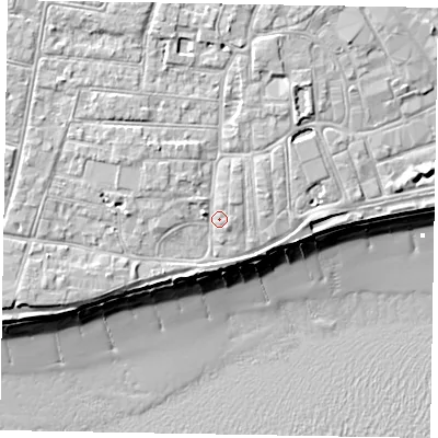 Shaded relief map of the ground around PO211XD, computed from Environment Agency LiDAR. The ground here sits at about 6 m above sea level and falls 10 m across the surrounding 800 m. Surface water reaching this point runs off ground lying to the north, 2.8 m higher.
