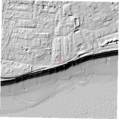 Shaded relief map of the ground around PO211XX, computed from Environment Agency LiDAR. The ground here sits at about 5 m above sea level and falls 10 m across the surrounding 800 m. Surface water reaching this point runs off ground lying to the north-north-east, 1.7 m higher.