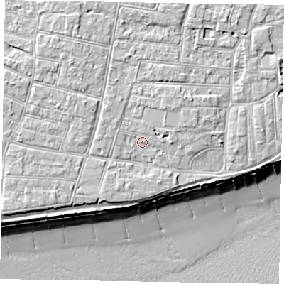 Shaded relief map of the ground around PO212DJ, computed from Environment Agency LiDAR. The ground here sits at about 6 m above sea level and falls 10 m across the surrounding 800 m. Surface water reaching this point runs off ground lying to the north, 1.7 m higher.