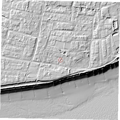 Shaded relief map of the ground around PO212JB, computed from Environment Agency LiDAR. The ground here sits at about 6 m above sea level and falls 10 m across the surrounding 800 m. Surface water reaching this point runs off ground lying to the north-east, 1.1 m higher.
