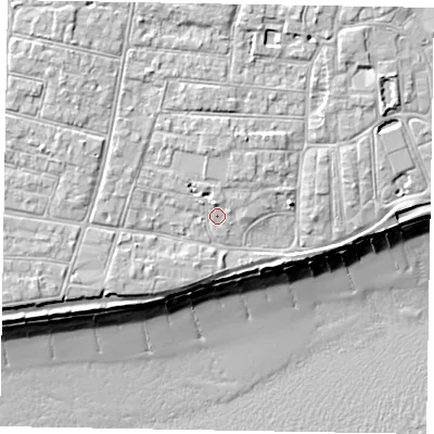 Shaded relief map of the ground around PO212JD, computed from Environment Agency LiDAR. The ground here sits at about 6 m above sea level and falls 10 m across the surrounding 800 m. Surface water reaching this point runs off ground lying to the north-north-west, 1.4 m higher.