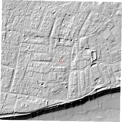 Shaded relief map of the ground around PO212JJ, computed from Environment Agency LiDAR. The ground here sits at about 6 m above sea level and falls 10 m across the surrounding 800 m. Surface water reaching this point runs off ground lying to the west-north-west, 1.2 m higher.