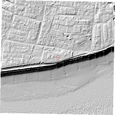 Shaded relief map of the ground around PO212LE, computed from Environment Agency LiDAR. The ground here sits at about 6 m above sea level and falls 10 m across the surrounding 800 m. The ground contributing surface water to this point lies to the west.