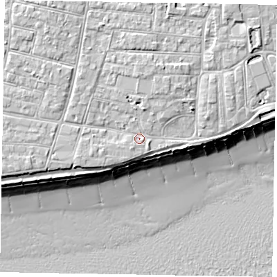 Shaded relief map of the ground around PO212LG, computed from Environment Agency LiDAR. The ground here sits at about 6 m above sea level and falls 10 m across the surrounding 800 m. Surface water reaching this point runs off ground lying to the north-north-west, 2.2 m higher.