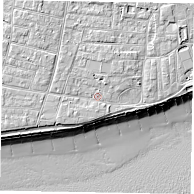 Shaded relief map of the ground around PO212LJ, computed from Environment Agency LiDAR. The ground here sits at about 6 m above sea level and falls 10 m across the surrounding 800 m. Surface water reaching this point runs off ground lying to the north-north-west, 2.3 m higher.