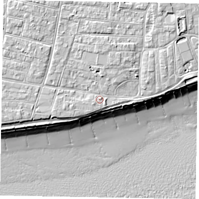 Shaded relief map of the ground around PO212LL, computed from Environment Agency LiDAR. The ground here sits at about 6 m above sea level and falls 10 m across the surrounding 800 m. Surface water reaching this point runs off ground lying to the north-north-west, 2.2 m higher.