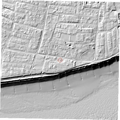Shaded relief map of the ground around PO212LN, computed from Environment Agency LiDAR. The ground here sits at about 6 m above sea level and falls 10 m across the surrounding 800 m. Surface water reaching this point runs off ground lying to the north-north-west, 2.3 m higher.