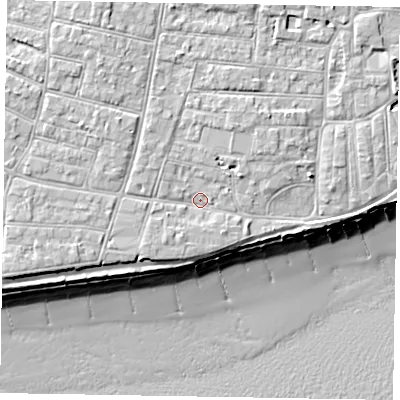 Shaded relief map of the ground around PO212LP, computed from Environment Agency LiDAR. The ground here sits at about 6 m above sea level and falls 10 m across the surrounding 800 m. Surface water reaching this point runs off ground lying to the north-north-west, 2.3 m higher.
