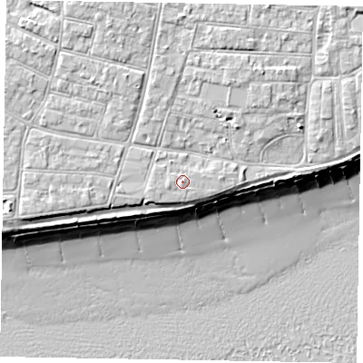 Shaded relief map of the ground around PO212LT, computed from Environment Agency LiDAR. The ground here sits at about 6 m above sea level and falls 10 m across the surrounding 800 m. The ground contributing surface water to this point lies to the west-south-west.