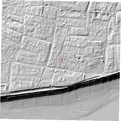 Shaded relief map of the ground around PO212LU, computed from Environment Agency LiDAR. The ground here sits at about 6 m above sea level and falls 10 m across the surrounding 800 m. Surface water reaching this point runs off ground lying to the north-north-west, 0.8 m higher.