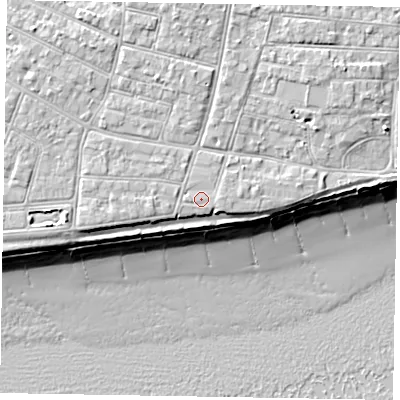 Shaded relief map of the ground around PO212NB, computed from Environment Agency LiDAR. The ground here sits at about 6 m above sea level and falls 10 m across the surrounding 800 m. Surface water reaching this point runs off ground lying to the east, 0.5 m higher.