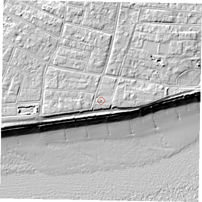 Shaded relief map of the ground around PO212ND, computed from Environment Agency LiDAR. The ground here sits at about 6 m above sea level and falls 10 m across the surrounding 800 m. Surface water reaching this point runs off ground lying to the east, 0.8 m higher.
