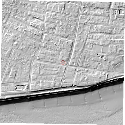 Shaded relief map of the ground around PO212PN, computed from Environment Agency LiDAR. The ground here sits at about 6 m above sea level and falls 10 m across the surrounding 800 m. Surface water reaching this point runs off ground lying to the north-north-west, 1.3 m higher.
