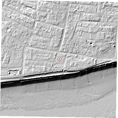 Shaded relief map of the ground around PO212PX, computed from Environment Agency LiDAR. The ground here sits at about 6 m above sea level and falls 10 m across the surrounding 800 m. Surface water reaching this point runs off ground lying to the west-south-west, 0.9 m higher.