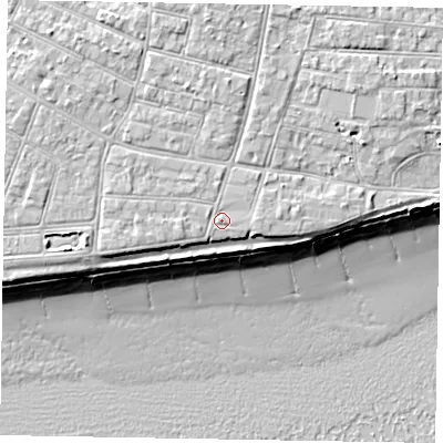 Shaded relief map of the ground around PO212PY, computed from Environment Agency LiDAR. The ground here sits at about 6 m above sea level and falls 10 m across the surrounding 800 m. Surface water reaching this point runs off ground lying to the west-south-west, 0.8 m higher.