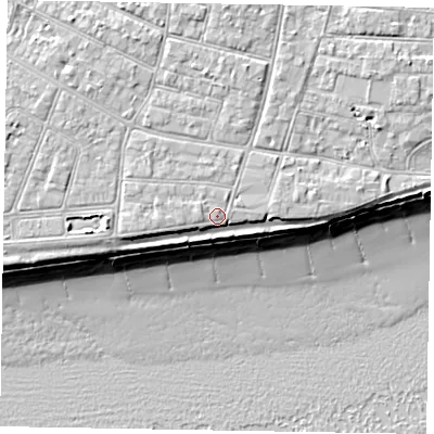 Shaded relief map of the ground around PO212PZ, computed from Environment Agency LiDAR. The ground here sits at about 6 m above sea level and falls 10 m across the surrounding 800 m. Surface water reaching this point runs off ground lying to the west, 0.7 m higher.