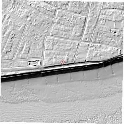 Shaded relief map of the ground around PO212QA, computed from Environment Agency LiDAR. The ground here sits at about 7 m above sea level and falls 10 m across the surrounding 800 m. Surface water reaching this point runs off ground lying to the west-south-west, 0.5 m higher.