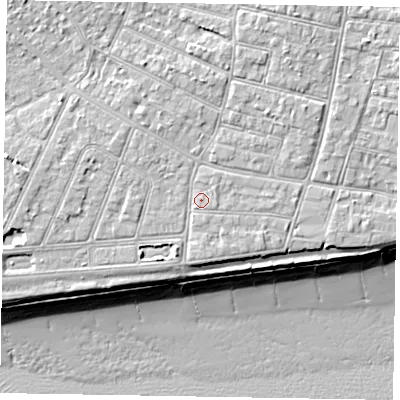 Shaded relief map of the ground around PO212QB, computed from Environment Agency LiDAR. The ground here sits at about 7 m above sea level and falls 10 m across the surrounding 800 m. Surface water reaching this point runs off ground lying to the east-south-east, 0.7 m higher.