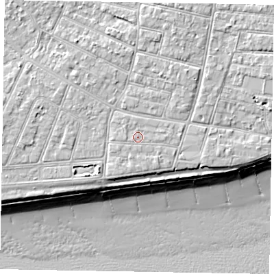 Shaded relief map of the ground around PO212QF, computed from Environment Agency LiDAR. The ground here sits at about 6 m above sea level and falls 10 m across the surrounding 800 m. The ground contributing surface water to this point lies to the west.