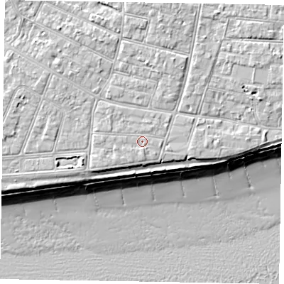 Shaded relief map of the ground around PO212QH, computed from Environment Agency LiDAR. The ground here sits at about 6 m above sea level and falls 10 m across the surrounding 800 m. Surface water reaching this point runs off ground lying to the south-west, 0.6 m higher.