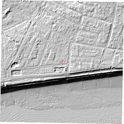 Shaded relief map of the ground around PO212QN, computed from Environment Agency LiDAR. The ground here sits at about 6 m above sea level and falls 10 m across the surrounding 800 m. Surface water reaching this point runs off ground lying to the east-south-east, 0.9 m higher.