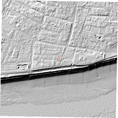 Shaded relief map of the ground around PO212QQ, computed from Environment Agency LiDAR. The ground here sits at about 6 m above sea level and falls 10 m across the surrounding 800 m. Surface water reaching this point runs off ground lying to the west-south-west, 0.8 m higher.