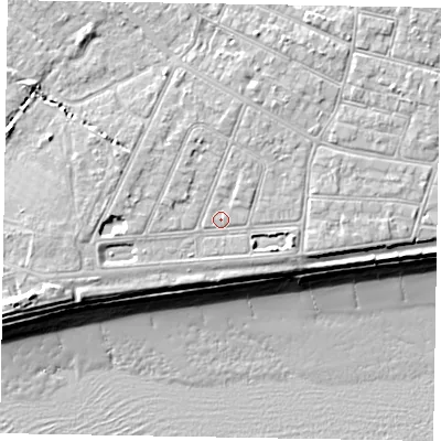Shaded relief map of the ground around PO212QR, computed from Environment Agency LiDAR. The ground here sits at about 6 m above sea level and falls 10 m across the surrounding 800 m. Surface water reaching this point runs off ground lying to the north-north-east, 0.9 m higher.