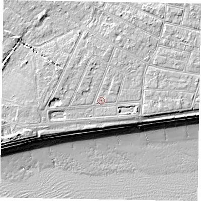 Shaded relief map of the ground around PO212QS, computed from Environment Agency LiDAR. The ground here sits at about 6 m above sea level and falls 10 m across the surrounding 800 m. Surface water reaching this point runs off ground lying to the north, 1.0 m higher.