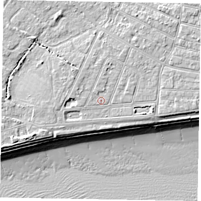 Shaded relief map of the ground around PO212QY, computed from Environment Agency LiDAR. The ground here sits at about 6 m above sea level and falls 10 m across the surrounding 800 m. Surface water reaching this point runs off ground lying to the north-north-east, 1.8 m higher.