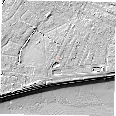Shaded relief map of the ground around PO212RD, computed from Environment Agency LiDAR. The ground here sits at about 6 m above sea level and falls 10 m across the surrounding 800 m. Surface water reaching this point runs off ground lying to the north, 0.8 m higher.