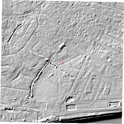 Shaded relief map of the ground around PO212RF, computed from Environment Agency LiDAR. The ground here sits at about 5 m above sea level and falls 8 m across the surrounding 800 m. Surface water reaching this point runs off ground lying to the north, 3.2 m higher.