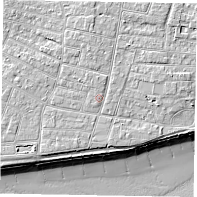 Shaded relief map of the ground around PO212RH, computed from Environment Agency LiDAR. The ground here sits at about 6 m above sea level and falls 10 m across the surrounding 800 m. Surface water reaching this point runs off ground lying to the north, 1.6 m higher.