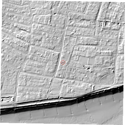 Shaded relief map of the ground around PO212RJ, computed from Environment Agency LiDAR. The ground here sits at about 6 m above sea level and falls 10 m across the surrounding 800 m. Surface water reaching this point runs off ground lying to the north-north-west, 1.5 m higher.