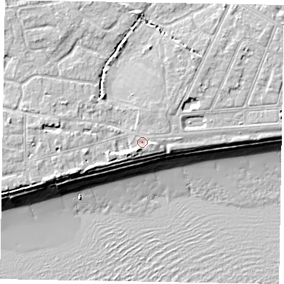 Shaded relief map of the ground around PO213AG, computed from Environment Agency LiDAR. The ground here sits at about 5 m above sea level and falls 10 m across the surrounding 800 m. Surface water reaching this point runs off ground lying to the south-south-west, 2.7 m higher.