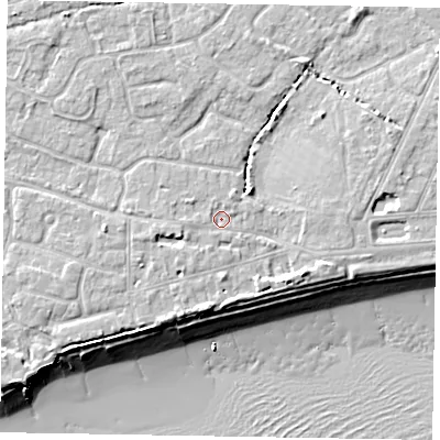 Shaded relief map of the ground around PO213AH, computed from Environment Agency LiDAR. The ground here sits at about 5 m above sea level and falls 10 m across the surrounding 800 m. Surface water reaching this point runs off ground lying to the west-south-west, 1.3 m higher.