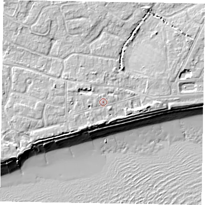 Shaded relief map of the ground around PO213AQ, computed from Environment Agency LiDAR. The ground here sits at about 6 m above sea level and falls 10 m across the surrounding 800 m. Surface water reaching this point runs off ground lying to the north-west, 1.8 m higher.