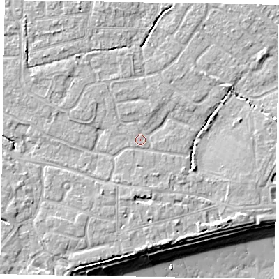 Shaded relief map of the ground around PO213DG, computed from Environment Agency LiDAR. The ground here sits at about 6 m above sea level and falls 10 m across the surrounding 800 m. Surface water reaching this point runs off ground lying to the south-east, 3.8 m higher.