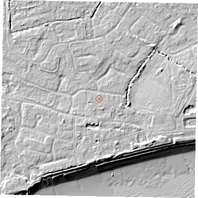 Shaded relief map of the ground around PO213DH, computed from Environment Agency LiDAR. The ground here sits at about 6 m above sea level and falls 10 m across the surrounding 800 m. Surface water reaching this point runs off ground lying to the south-south-west, 2.8 m higher.