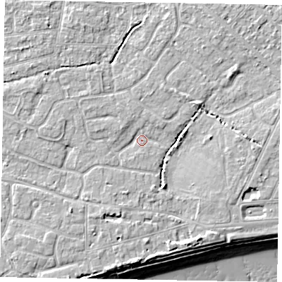 Shaded relief map of the ground around PO213DQ, computed from Environment Agency LiDAR. The ground here sits at about 5 m above sea level and falls 10 m across the surrounding 800 m. Surface water reaching this point runs off ground lying to the south-south-west, 2.8 m higher.