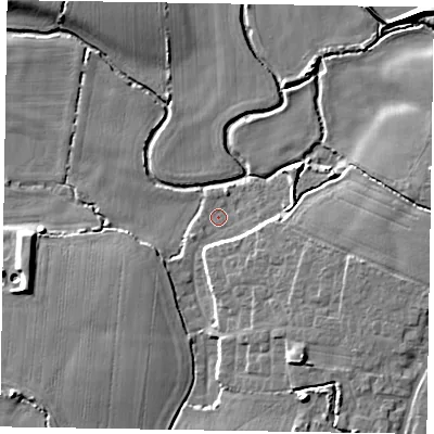 Shaded relief map of the ground around PO213FA, computed from Environment Agency LiDAR. The ground here sits at about 2 m above sea level and falls 8 m across the surrounding 800 m. Surface water reaching this point runs off ground lying to the east-south-east, 4.7 m higher.