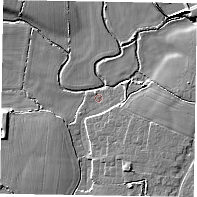 Shaded relief map of the ground around PO213FB, computed from Environment Agency LiDAR. The ground here sits at about 2 m above sea level and falls 8 m across the surrounding 800 m. Surface water reaching this point runs off ground lying to the south-east, 4.7 m higher.