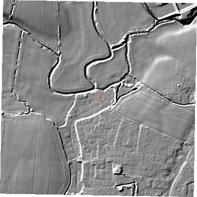 Shaded relief map of the ground around PO213FD, computed from Environment Agency LiDAR. The ground here sits at about 2 m above sea level and falls 8 m across the surrounding 800 m. Surface water reaching this point runs off ground lying to the south-east, 2.9 m higher.