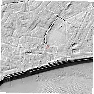 Shaded relief map of the ground around PO213FG, computed from Environment Agency LiDAR. The ground here sits at about 5 m above sea level and falls 10 m across the surrounding 800 m. Surface water reaching this point runs off ground lying to the west-south-west, 1.3 m higher.