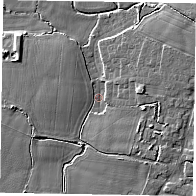 Shaded relief map of the ground around PO213ND, computed from Environment Agency LiDAR. The ground here sits at about 2 m above sea level and falls 8 m across the surrounding 800 m. Surface water reaching this point runs off ground lying to the east-south-east, 6.8 m higher.