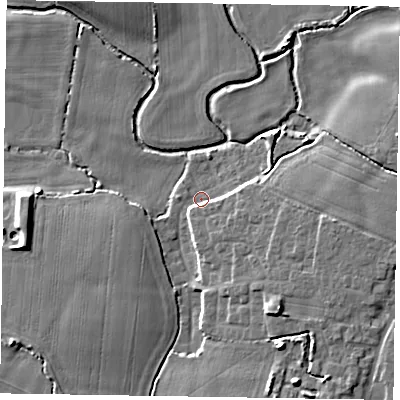 Shaded relief map of the ground around PO213PT, computed from Environment Agency LiDAR. The ground here sits at about 2 m above sea level and falls 8 m across the surrounding 800 m. Surface water reaching this point runs off ground lying to the south-east, 3.2 m higher.
