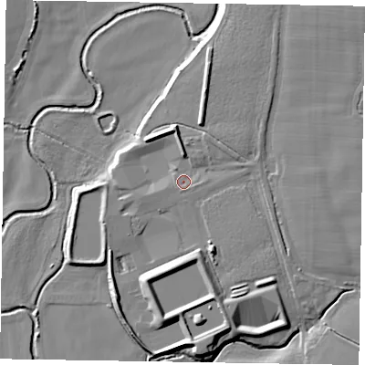 Shaded relief map of the ground around PO213PX, computed from Environment Agency LiDAR. The ground here sits at about 5 m above sea level and falls 8 m across the surrounding 800 m. Surface water reaching this point runs off ground lying to the north-north-east, 2.4 m higher.