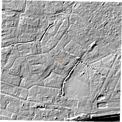 Shaded relief map of the ground around PO213SG, computed from Environment Agency LiDAR. The ground here sits at about 6 m above sea level and falls 8 m across the surrounding 800 m. Surface water reaching this point runs off ground lying to the north-north-west, 0.9 m higher.